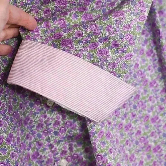 Women's Chaps 100% Cotton No Iron 1X purple floral contrasting cuffs button down - Picture 4 of 13